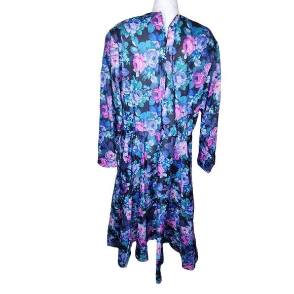 Vintage 80s Long Sleeve Blouson Floral Dress Womens Size 2XL Blue Purple - Picture 4 of 6